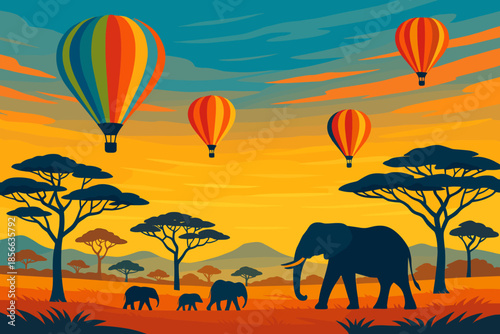 Elephants walking in a savanna under hot air balloons during sunset