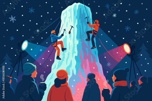 Climbing event takes place at night with climbers on ice and crowd enjoying the activity under lights