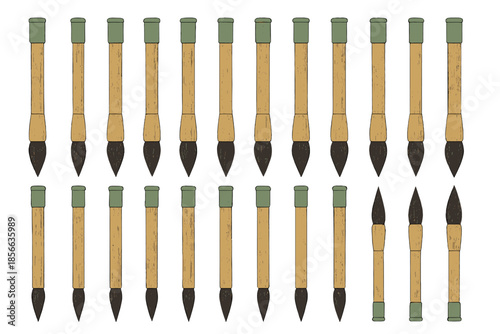 Various paint brushes aligned in rows on a plain background for artistic use or display