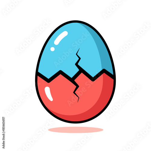 Colorful cracked egg illustration with blue and red halves and glossy highlights