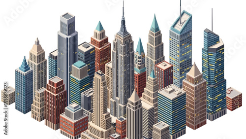 Isometric view of a modern urban cityscape featuring diverse skyscrapers and buildings