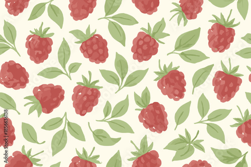 Design with red raspberries and green leaves on a light background for food and nature themes