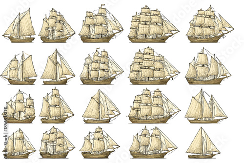 Various sailing ships with different designs and positions drawn in a sketch style showing details of sails and hulls
