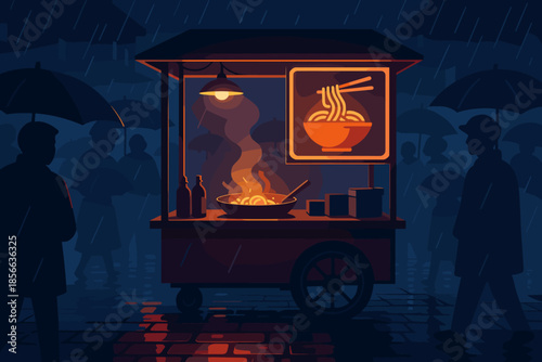 Street vendor sells warm noodles at night during rain with people holding umbrellas nearby