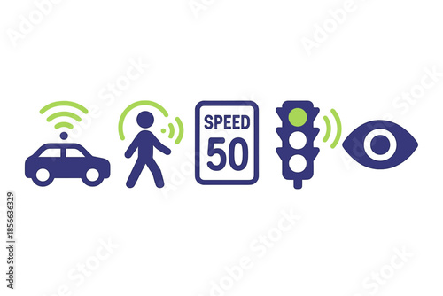 Traffic signals and road signs showing car, pedestrian, speed limit, traffic light, and eye symbol for safety awareness and communication