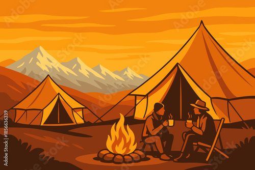 Group enjoys hot drinks by campfire at sunset in mountain camping site with tents nearby