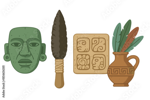 Ancient art and tools from a historical civilization show cultural significance and craftsmanship through various artifacts