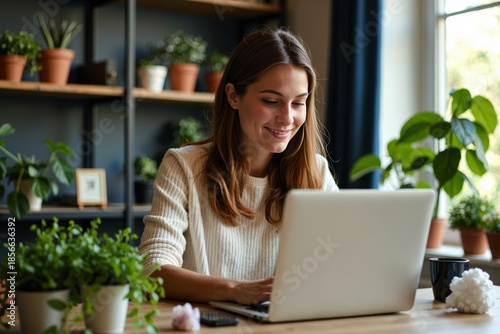 A young woman surrounded by plants and crystals works on her laptop.