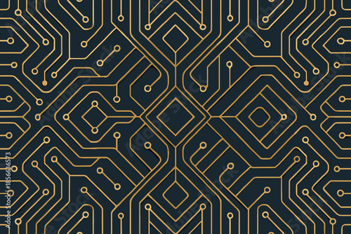 Patterns created by circuit board designs in gold on a dark background showing intricate lines and connections