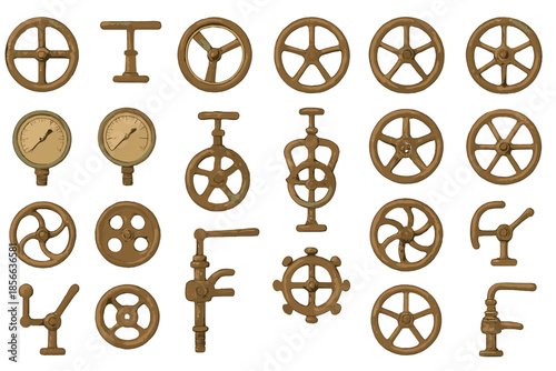 Collection of various pipe fittings and valves displayed on a white background, showcasing different shapes and sizes for industrial use