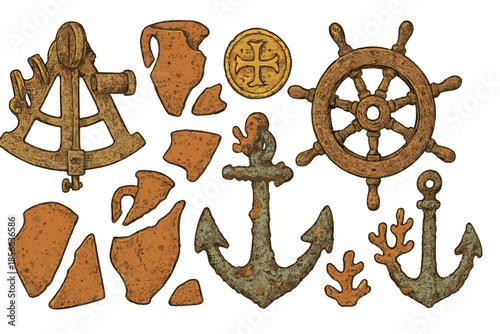 Collection of old maritime objects including anchors, ship wheels, and fragments found under the sea