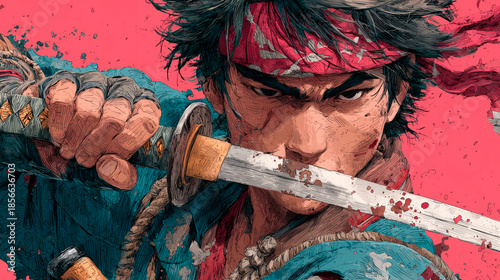 Dibujo manga de un hombre con katana