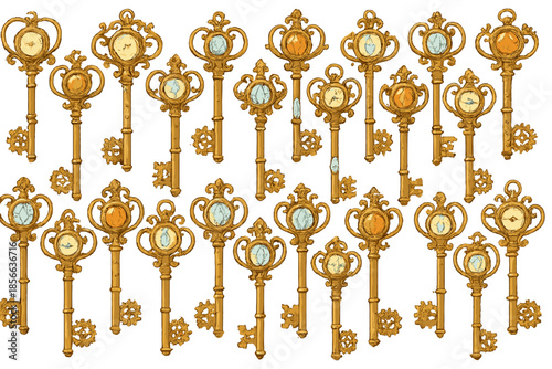 Many antique keys arranged in a pattern with different designs and shapes, showing detail of craftsmanship