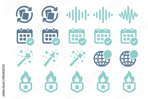 Icons showing various concepts including updates, sound waves, calendars, magic, and global communication