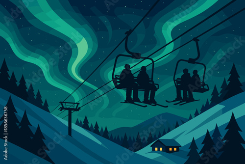 Skiers ride a chairlift under the northern lights at night in a winter landscape with trees and mountains