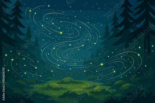 Stars twinkle in the night sky above a forest clearing with swirling light trails and tall trees around the grassy area