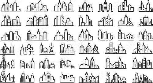 City skylines and buildings in a variety of architectural styles and designs