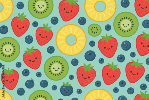 Colorful fruit pattern with smiling faces on blue background featuring strawberries, kiwis, pineapples, and blueberries