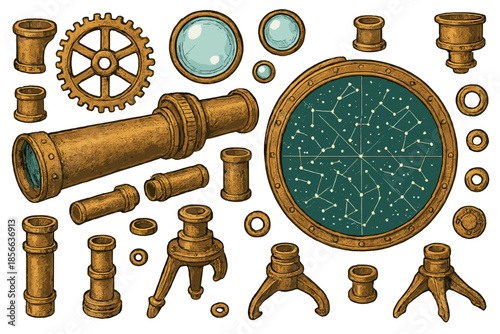 Old style telescope and celestial map with gears and lenses placed on a flat surface