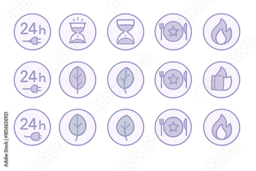 Icons showing various activities related to time, nature, food, and energy usage