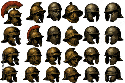 Different types of helmets used by soldiers in ancient times displayed in a grid format with various designs and styles