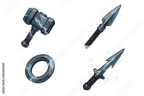 Weapons and tools with electric effects shown in a digital art style for a fantasy game setting