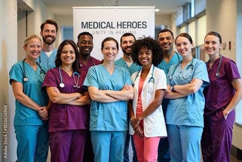 Unity in Healthcare: Diverse Group of Healthcare Workers Unite in a Group Photo, Wearing Scrubs and Holding Medical Tools under a Banner