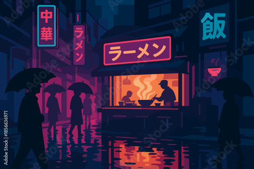 Night market scene with noodle shop and people walking with umbrellas in a rainy city street