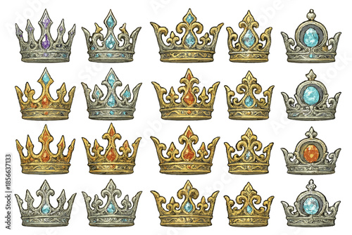 Different designs of crowns with various shapes, colors, and jewels on display for art or design reference