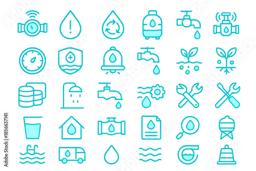 Water-related symbols and icons showing different aspects of water use and management in various contexts