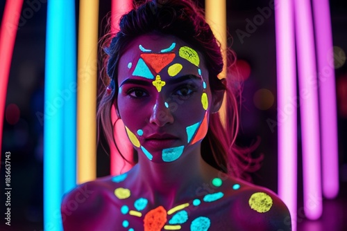 Woman adorned in luminous body paint illuminated by fluorescent lights.