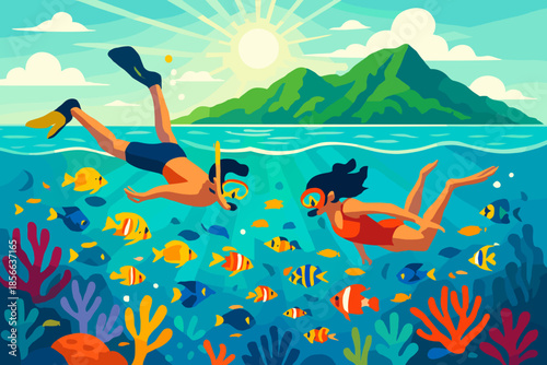 Snorkelers explore underwater life near a tropical island during a sunny day with vibrant coral and colorful fish