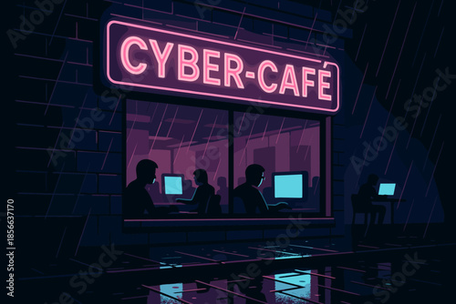 People work at computers inside a cyber cafe during a rainy night in the city