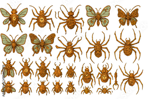 Illustrations of various insects and arachnids with detailed designs on a white background