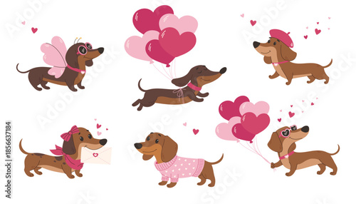 Set of cute cartoon dachshund dogs with hearts, balloons. Valentine's Day concept, love, romance. Vector illustration