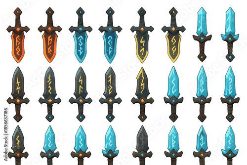 Collection of fantasy swords displayed in various colors and designs on a white background