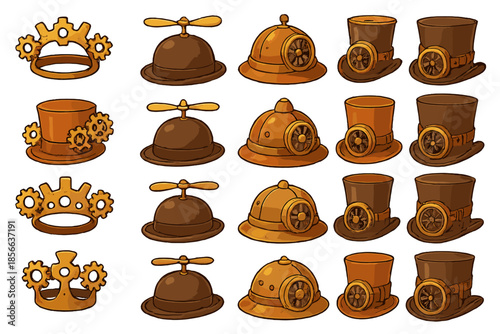 Different types of steampunk hats and headgear displayed in various shapes and designs