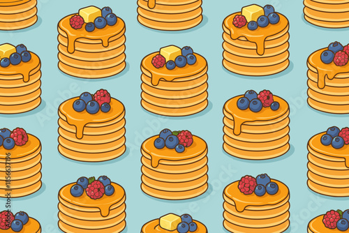 Pancakes stacked with berries and syrup on a blue background at breakfast time in a cozy kitchen