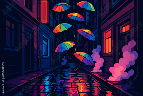 Colorful umbrellas float above a dark street at night near glowing windows and reflections in puddles