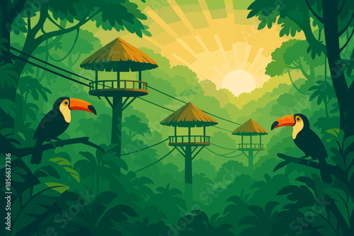 Two toucans perched on branches in a lush rainforest with wooden observation towers at sunrise
