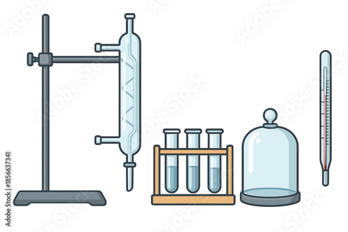 Laboratory equipment for conducting experiments with various glassware and a thermometer