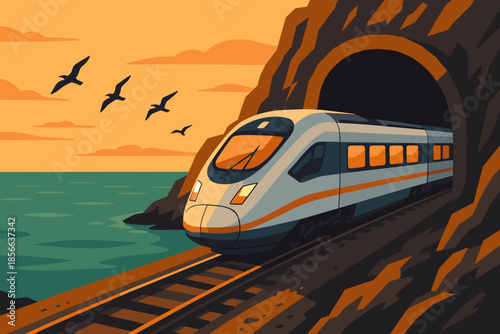 High-speed train travels through tunnel by the ocean at sunset with birds flying above