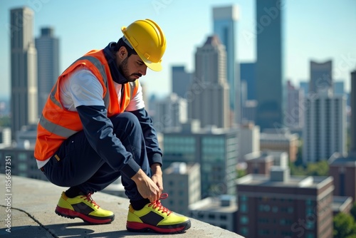 Construction Worker Tying Vibrant Safety Shoes with Busy Cityscape in the Background