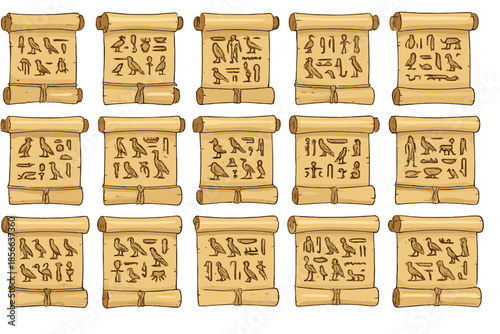 Ancient scrolls display Egyptian hieroglyphs in a clear arrangement on a beige background