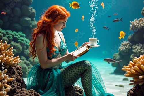 A mermaid enjoying a good book underwater with a coffee and vibrant sea life.