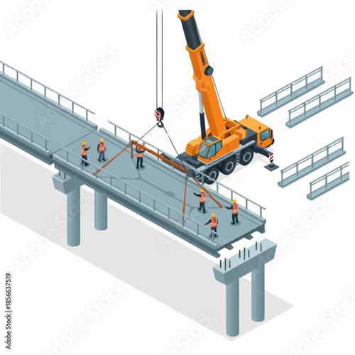 Isometric illustration of bridge construction with crane and workers.