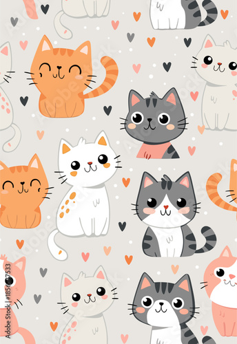 cute cats seamless pattern with heart and beautiful smile background wallpaper for kids 
