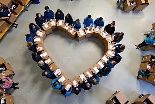 Volunteers create heart shape while assembling food kits for families in need from aerial view.