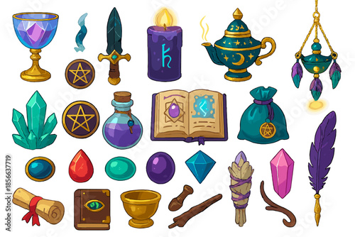 Collection of magical items and symbols used in fantasy and magic practices