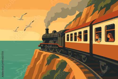 Train travels along a coastal track with passengers enjoying the view as seagulls fly overhead at sunset